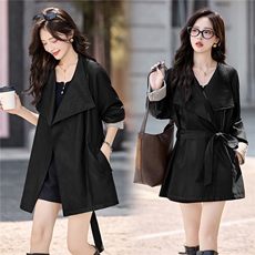 休闲复古PU皮2025秋季女新款时尚宽松立领中长款腰带风衣皮衣外套，女装皮衣，冬木谷雨