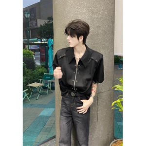 小众金属解构设计感拉链衬衫男垫肩短袖层次痞帅衬衣潮 C503图片