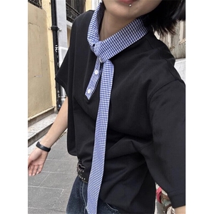 航海领飘带短袖T恤男夏季海边设计感半袖体恤拼接美式潮牌五分袖图片
