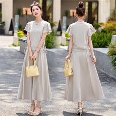 2025夏季新款时尚套装半身裙女气质抽绳绑带收腰宽松显瘦两件套潮，女装套装/套裙，魅丽静蓝