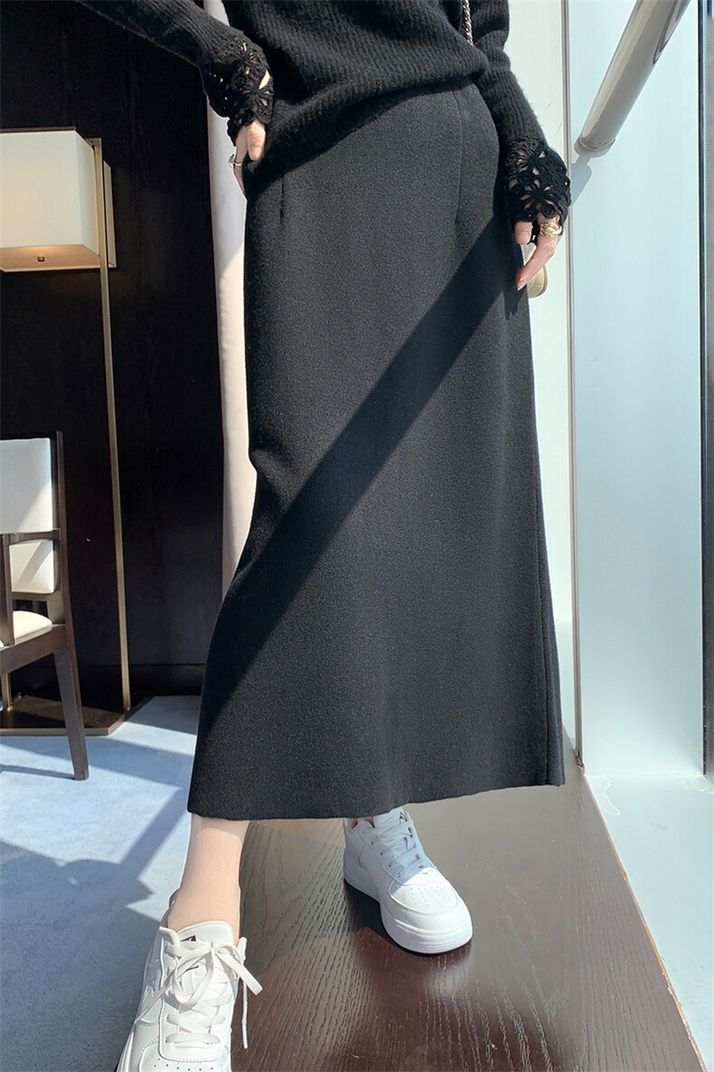针织半身裙女秋冬中长款包臀开叉a字裙高腰毛线宽松加厚直筒裙子,女装半身裙,暖烁羊绒