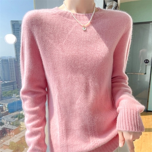 100%纯羊毛衫女圆领菱形扭花长袖针织毛衣秋冬宽松打底羊绒衫上衣图片