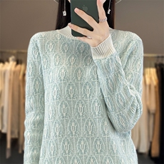 秋冬新款羊毛提花拼色半高领毛衣显瘦保暖时尚女装针织衫，女装羊毛衫，秋虹羊绒