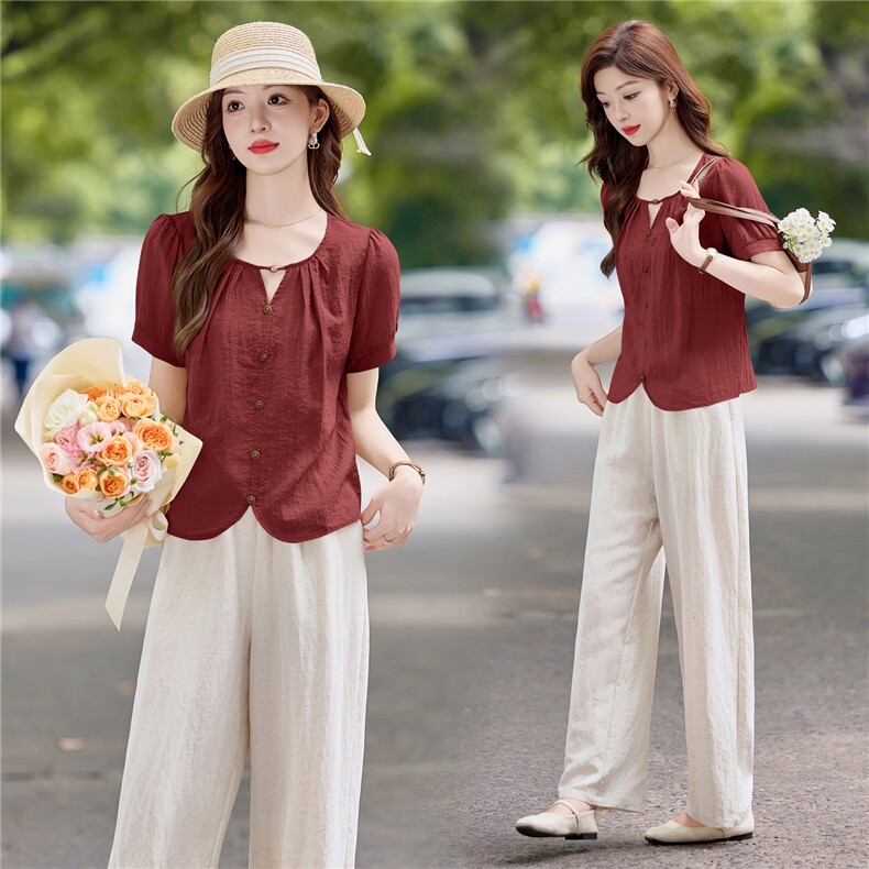 夏季时尚薄套装女2025新款宽松大码短袖衬衫上衣休闲阔腿裤两件套，女装套装/套裙，依万里