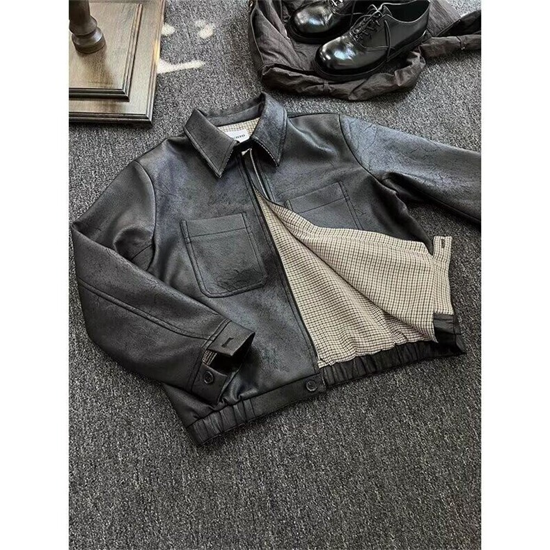 美式复古裂纹做旧千鸟格内里PU皮夹克潮翻领机车短外套LF1102P90,男装夹克,电商D256-2(原A064-2)