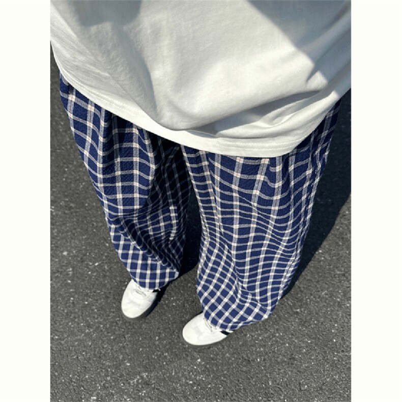 美式高街潮牌男女泡泡格子休闲裤直筒宽松慵懒显瘦阔腿休闲长裤子，男装休闲裤，电商A443