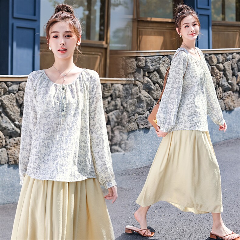 水衣源3730款碎花小衫长袖防晒宽松领子抽绳可调节罩衫女，女装衬衫，水衣源