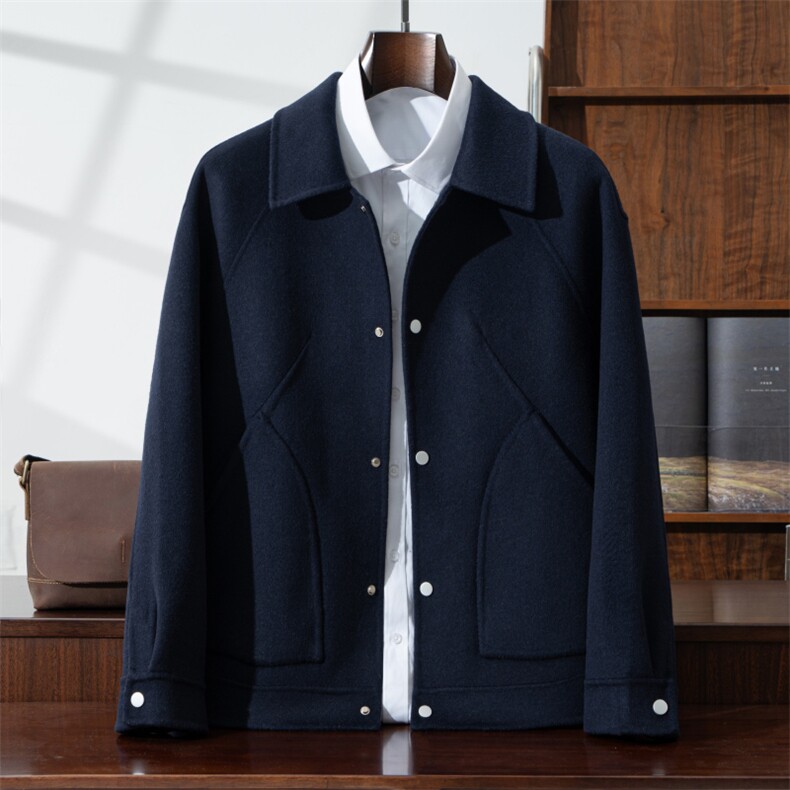 高档羊毛呢子西服男士秋冬季百搭加厚双面尼外套男装短款毛呢大衣，男装毛呢大衣，优远毛呢大衣