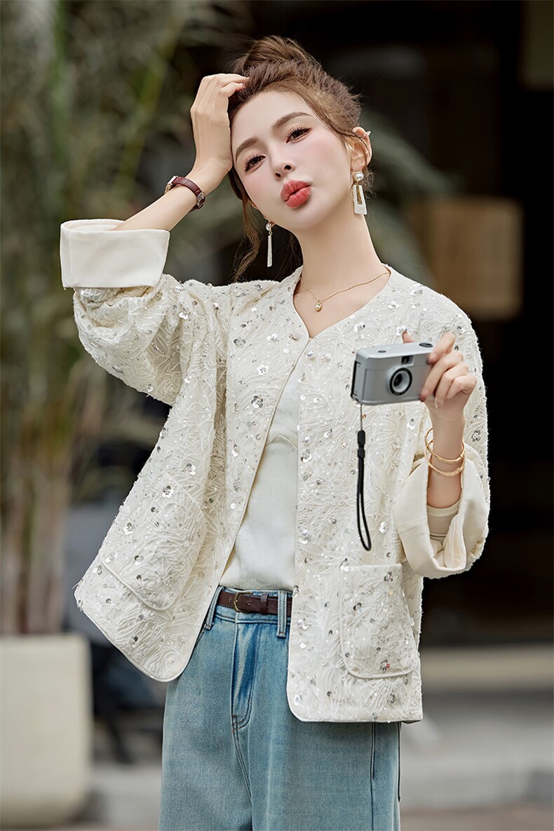 新中式重工刺绣短外套女2025春秋新款小香风国风亮片宽松汉服上衣,女装短外套,天丽