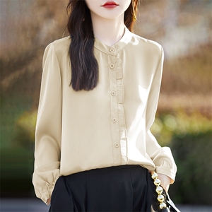 2025春季木耳边圆领衬衫女长袖缎面醋酸仿真丝长袖短款衬衣开衫女图片