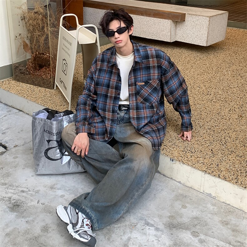 CS24-P45现货秋冬新款格子长袖衬衫薄款外套学生休闲上衣,男装衬衫,电商B327