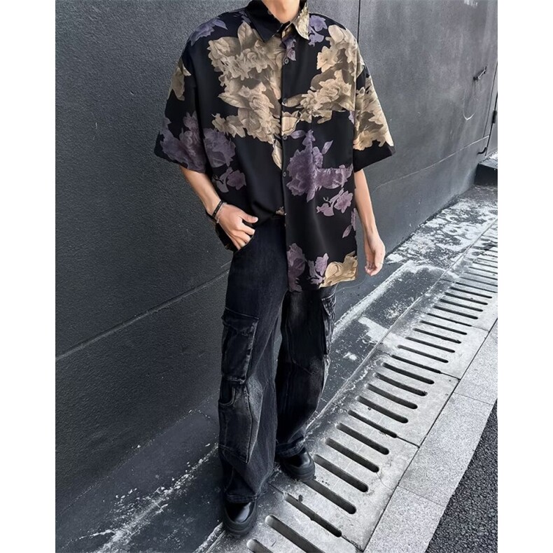 衬衫男复古风短袖夏季网红宽松上衣T恤设计感舒适百搭,男装T恤,星座716-2