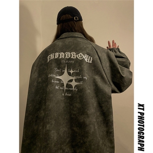 1中性风PU皮复古做旧可拆卸四芒星胸针设计夹克男JK77757P90控128图片