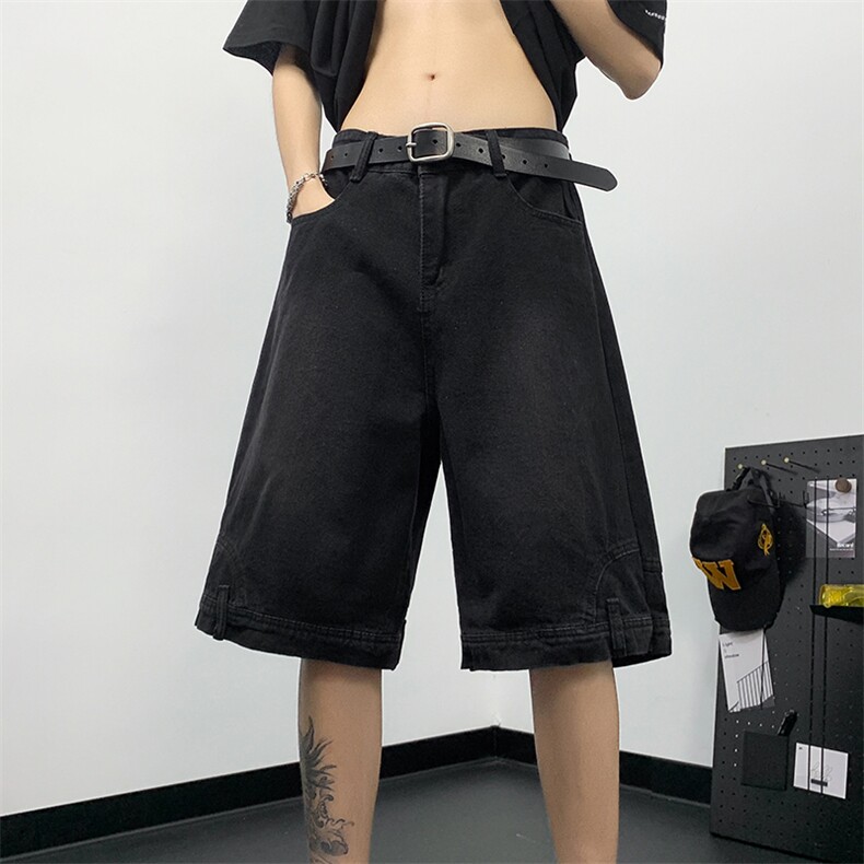 夏季新款倒穿牛仔短裤反穿设计潮牌美式宽松阔腿休闲短裤图片