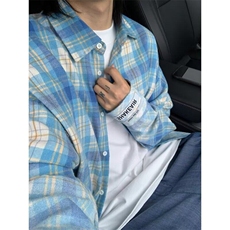蓝色格子衬衫男女长袖同款情侣宽松2025夏ins休闲衬衣CY1096-P38，男装衬衫，星座412-3