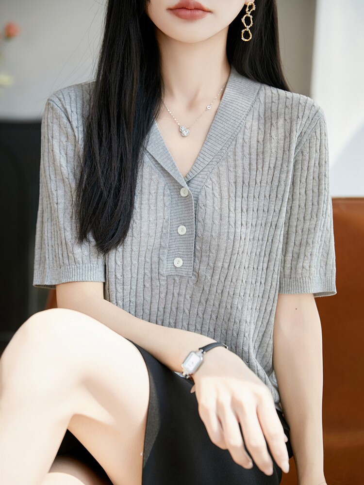 纽花针织T恤纯色纽扣短袖,女装T恤,枫宸羊绒