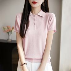 25夏季POLO领精纺羊毛针织短袖女纯色半开T恤上衣宽松半袖打底衫，女装T恤，暖烁特种纱工厂店