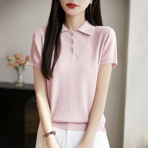 25夏季POLO领精纺羊毛针织短袖女纯色半开T恤上衣宽松半袖打底衫图片