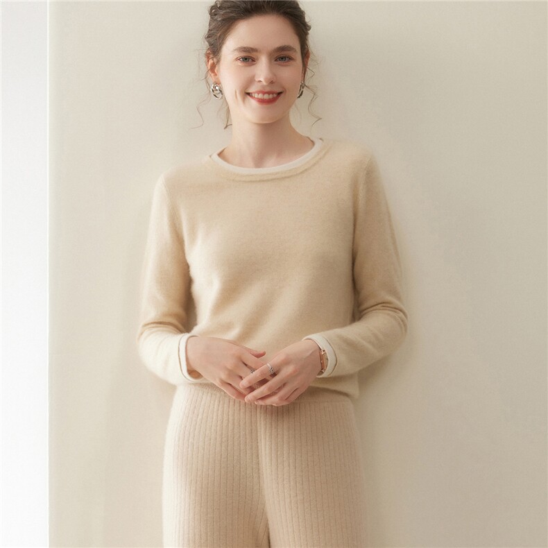 软糯感亲肤山羊绒衫女圆领假两件拼色秋冬针织打底衫套头毛衣上衣，女装羊绒衫，暖凌绒