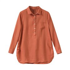 2021年秋季中长款亚麻衬衫女40-49周岁96%及以上POLO领套头上衣，女装衬衫，伊满意