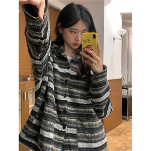 网络图现货！古巴领撞色条纹衬衫设计感情侣衬衣外套RY139-P65图片