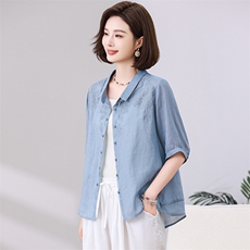 高端苎麻衬衫女夏季2024新款棉麻风上衣中年妈妈洋气减龄漂亮小衫，女装衬衫，独衣靓
