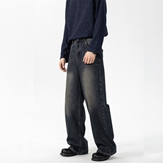 高品质原创韩版宽松直筒深蓝复古水洗做旧牛仔裤男女阔腿裤P78，男装牛仔裤，星座216-1
