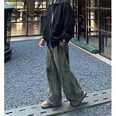 设计感宽松褶皱拼接做旧牛仔裤男休闲阔腿廓形弯刀裤KB0074，男装休闲裤，星座1116A（原606A-3）