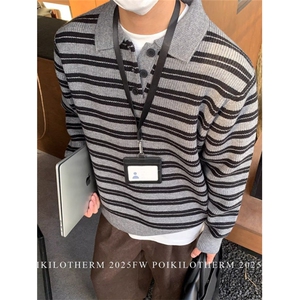 男士秋冬季套头毛衣针织衫polo翻领毛衣复古条纹上衣 M7805图片