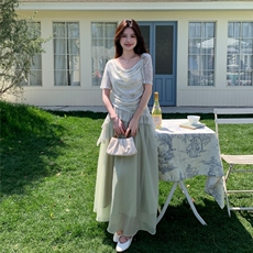 温柔系穿搭绿色套装裙女夏新款超仙森系显瘦碎花上衣半身裙两件套，女装套装/套裙，2C133