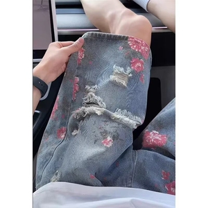 牛仔裤女2025春秋季新款复古印花牛仔微喇裤显瘦修身高腰喇叭裤子图片