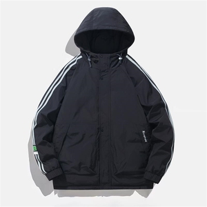 条纹连帽羽绒服男女同款短款冬情侣潮牌加厚白鸭绒外套yr236-P115图片