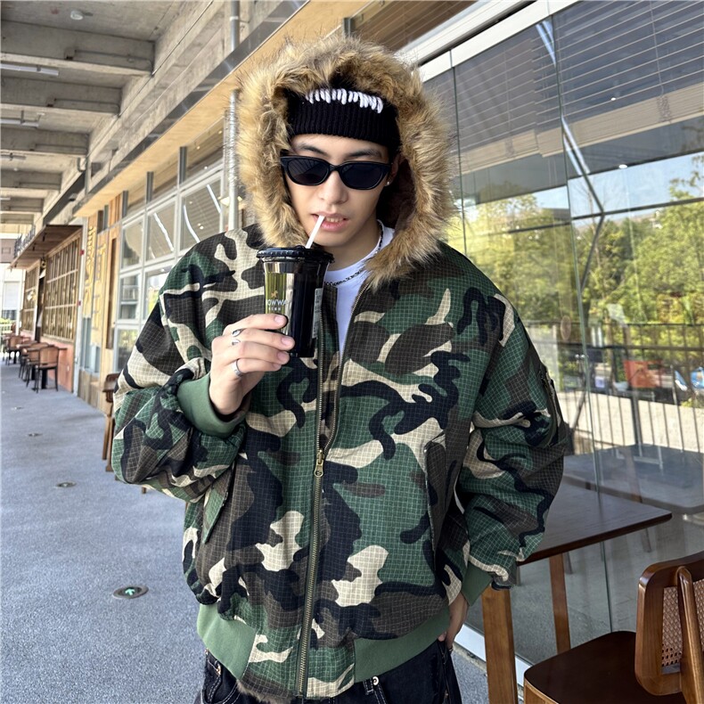 美式迷彩派克服棉衣男款冬季加绒加厚座山雕外套潮牌痞帅夹克棉服,男装棉衣,电商C307