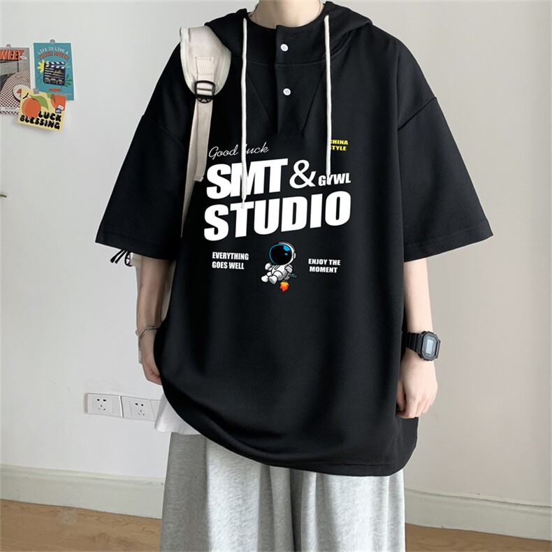 夏季港风冰丝宽松连帽短袖t恤五分体恤上衣TLM21125-P40控58,男装T恤,电商B370