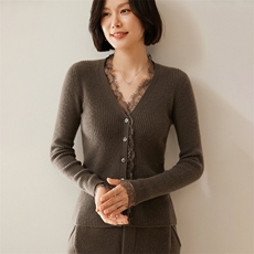 优雅女士秋季35%羊绒蕾丝拼接开衫显瘦百搭长袖针织衫，女装羊绒衫，绒创羊绒