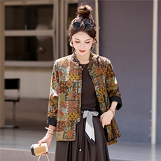 新中式复古印花盘扣外套女2025秋季新款洋气显瘦减龄百搭立领上衣，女装短外套，韩宇舍
