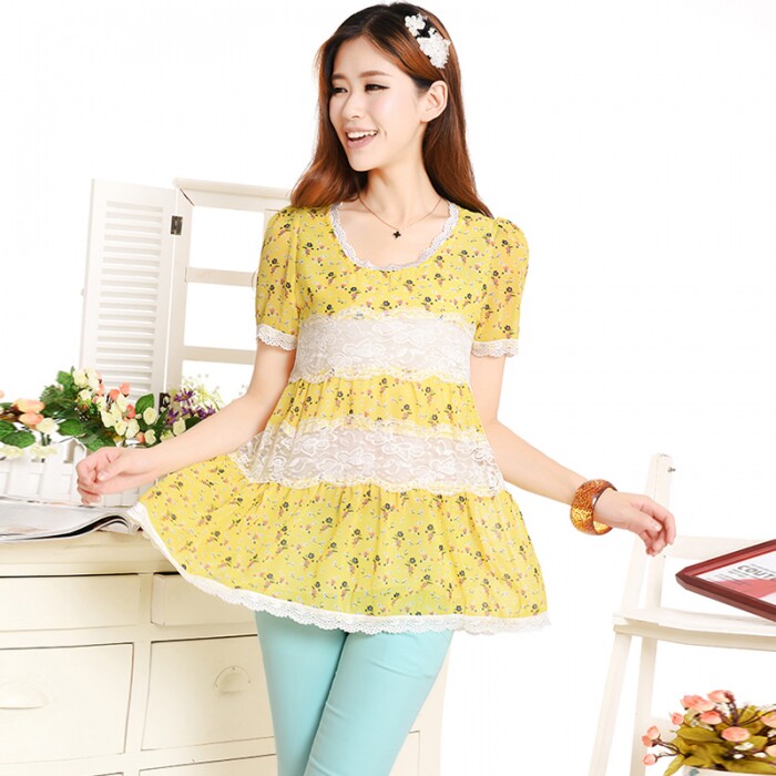 甜美蕾丝拼接雪纺衫女短袖宽松显瘦上衣黄色碎花夏季新款女装，女装蕾丝衫/雪纺衫，雪樱依海