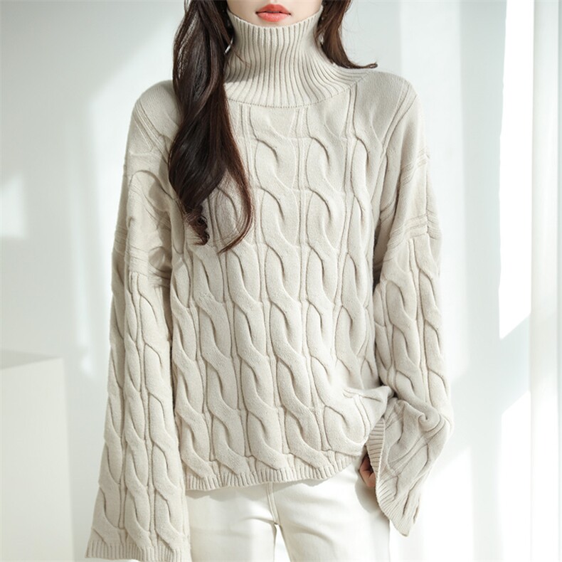 2025秋冬新款高领套头宽松针织衫女慵懒气质加厚保暖纯色时髦毛衣，女装针织衫/毛衣，特麦惠羊绒