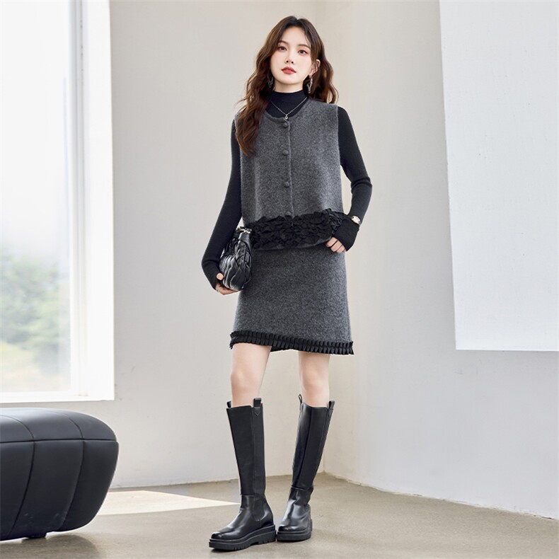重工现货！秋季新款轻奢气质圆领重工拼接花边款时尚三件套裙女,女装套装/套裙,宝儿家