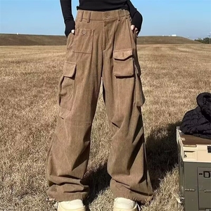 美式复古重工多口袋美拉德棕色工装裤子女2025夏辣妹弯刀拖地长裤图片
