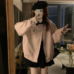 C933-P98 甜美风粉色翻领休闲夹克上衣设计感宽松美式棒球服外套图片