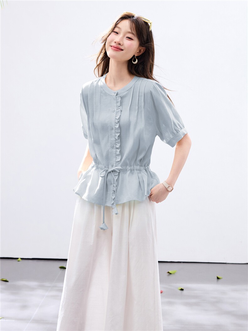 现货2026年夏季设计感甜美优雅收腰木耳边门襟透气衬衫裤子两件套,女装套装/套裙,木子恋