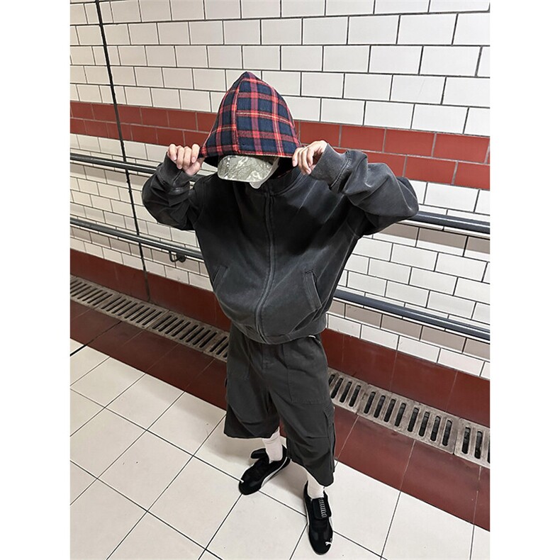 美式复古格子拼接连帽卫衣假两件开衫外套WY65特P56,女装短外套,星座908-1
