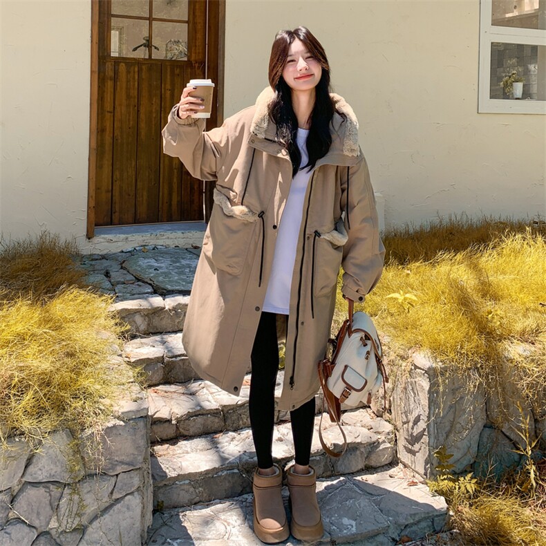 卡其色工装连帽派克服女冬季2025新款韩系中长款加绒加厚棉服外套,女装短外套,2B183