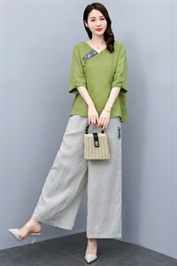 高端时尚棉麻阔腿裤套装女2024夏季新款复古刺绣民族风亚麻两件套图片