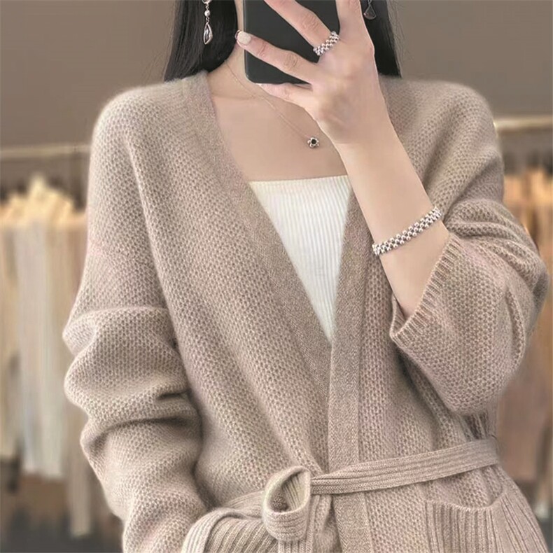 春秋新款100%毛开衫女v领中长款外搭宽松腰带毛衣羊绒针织外套,针织衫/毛衣,萱芳婷羊绒