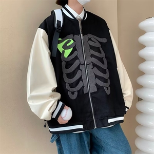 美式小众植绒棒球服男oversize宽松潮流情侣拼接外套 W5051-P66图片