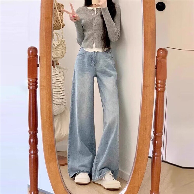 复古蓝直筒阔腿牛仔裤男女夏季宽松垂感拖地裤子网图NZK80072-p45图片