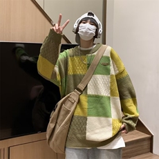 秋冬季格子毛衣男圆领套头日系美式复古拼色加厚针织衫7031/P58，男装针织衫/毛衣，星座506