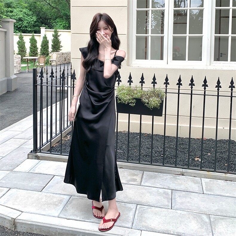 荷叶边一字肩吊带裙优雅连衣裙女2025夏季新款法式度假风显瘦长裙,女装连衣裙,2D034